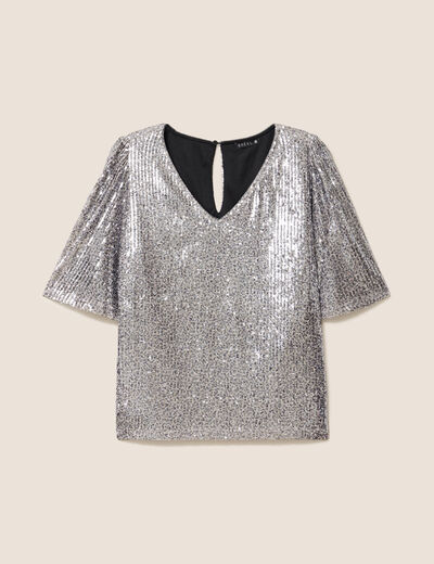 T-shirt &agrave; sequins manches coudes gris argent femme
