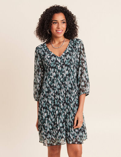 Robe courte &eacute;vas&eacute;e pliss&eacute;e col v vert femme