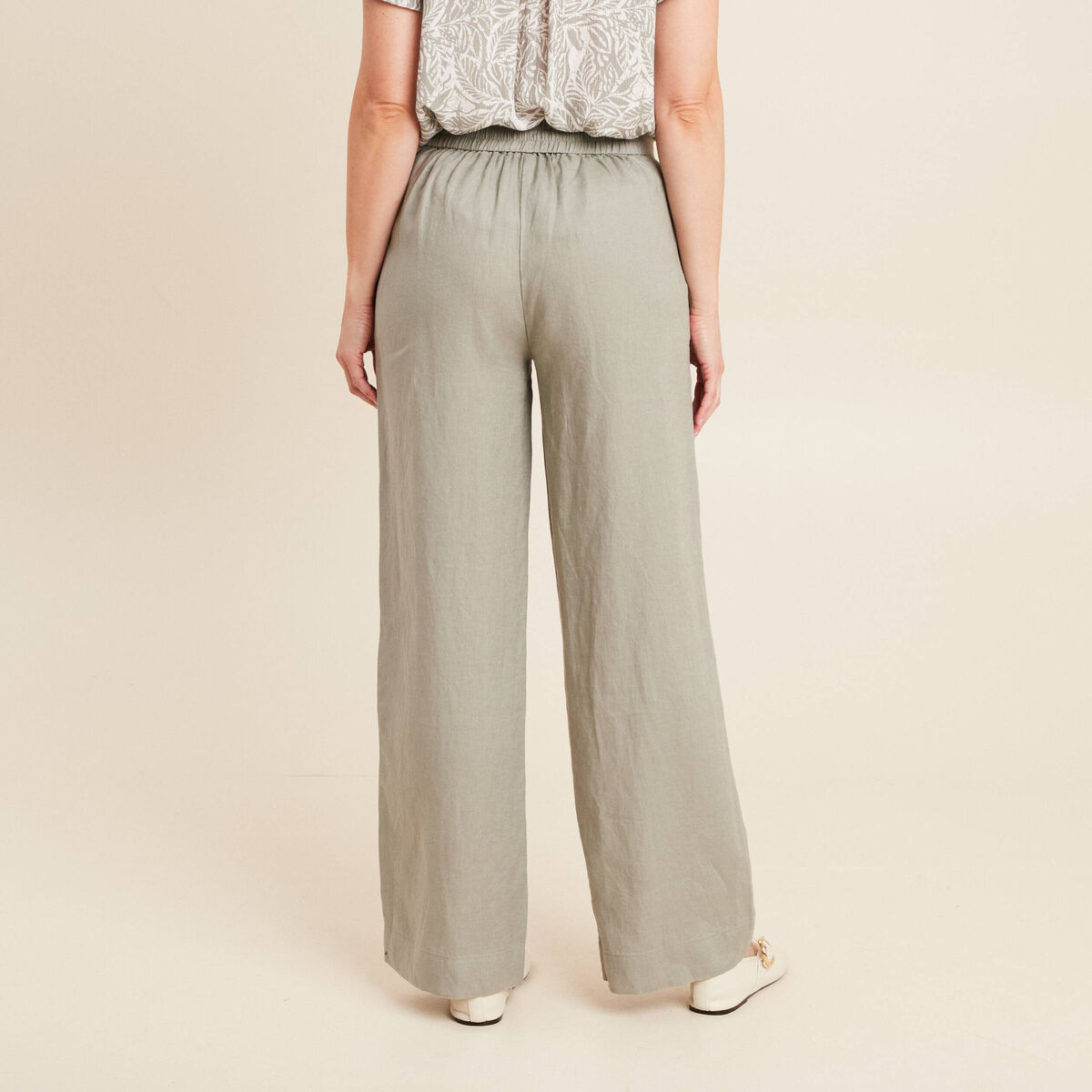 Pantalon large taille haute en lin vert clair femme