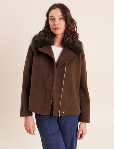 Manteau manches longues col fourrure vert kaki femme
