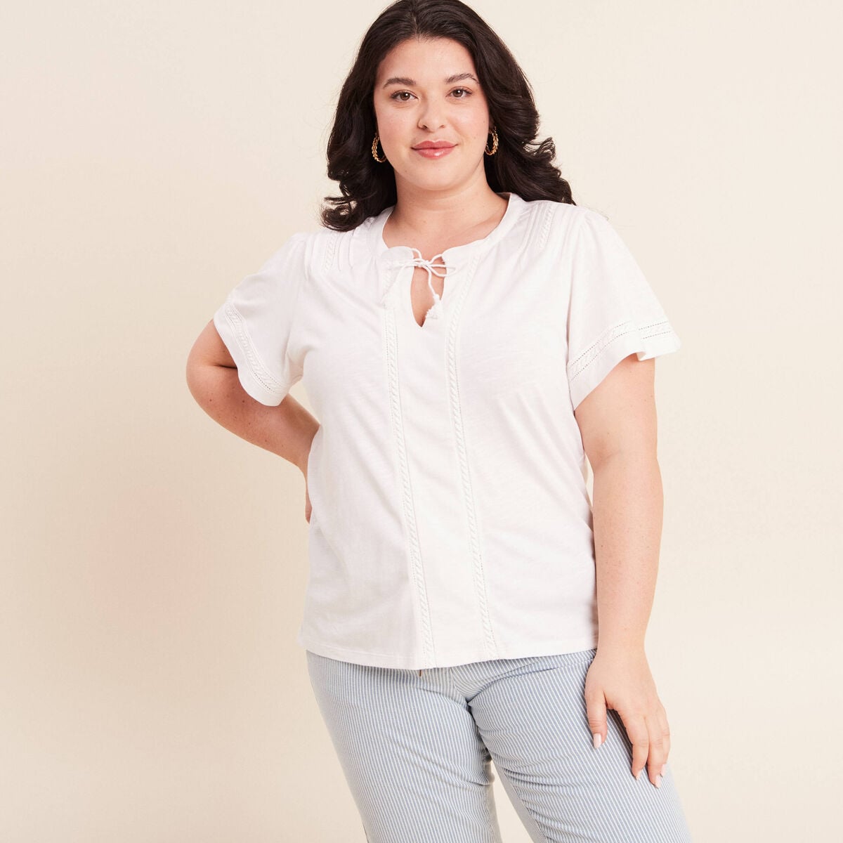 Blouse col tunisien manches courtes ecru femme