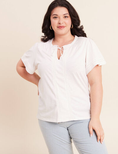 Blouse col tunisien manches courtes ecru femme