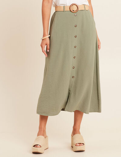 Jupe longue évasée ceinture amovible vert kaki femme