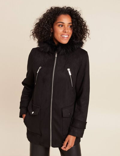 Manteau cintr&eacute; mi-long &agrave; capuche noir femme