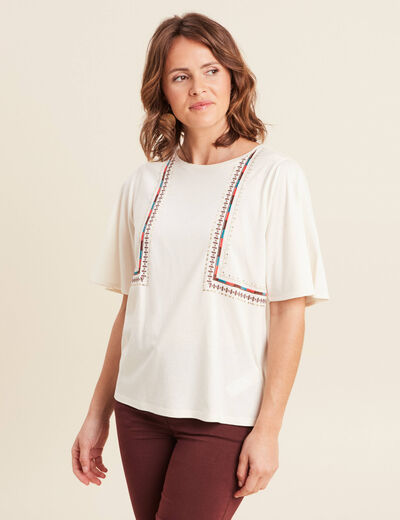 T-shirt manches courtes brodé ecru femme