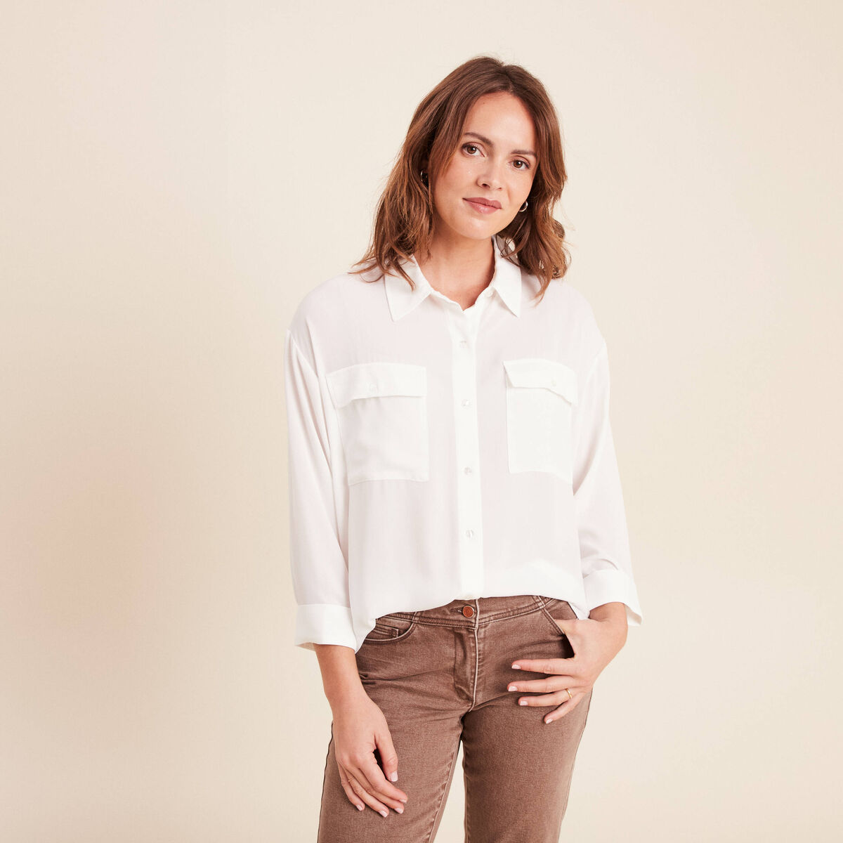 Chemise ample col chemise manches 3/4 ecru femme