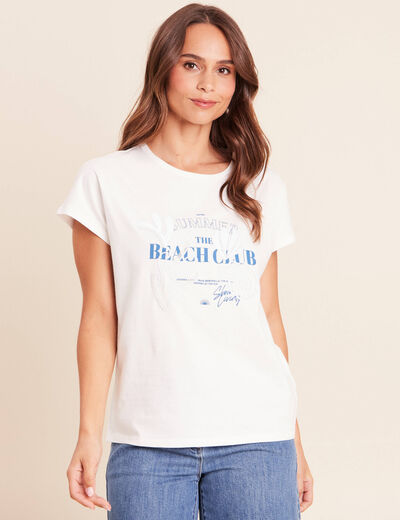 T-shirt col rond manches courtes brod&eacute; ecru femme