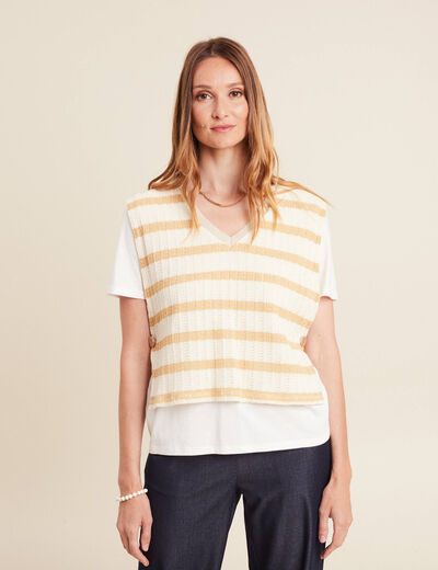 T-shirt effet 2 en 1 manches courtes beige femme