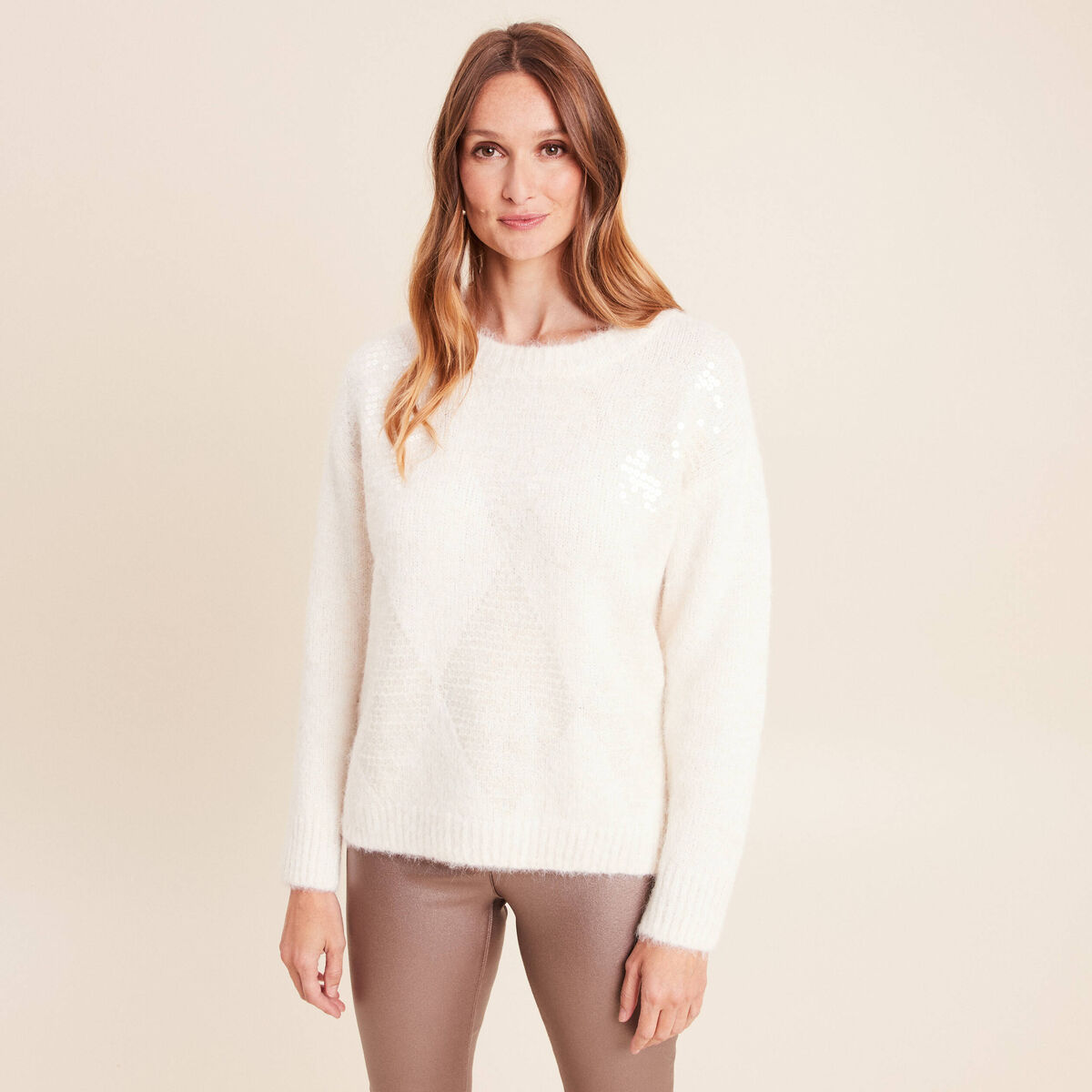 Pull col rond manches longues &agrave; sequins ecru femme