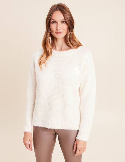 Pull col rond manches longues &agrave; sequins ecru femme
