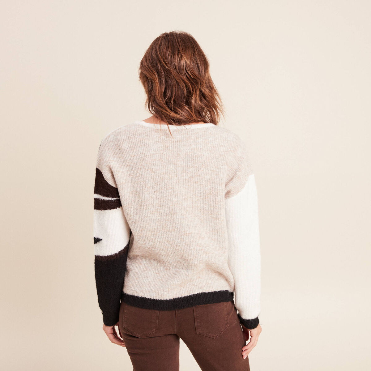 Pull col rond manches longues creme femme