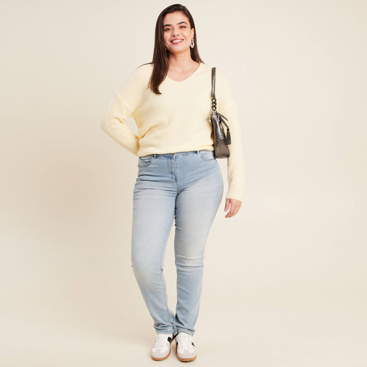 Pull manches longues jaune clair femme