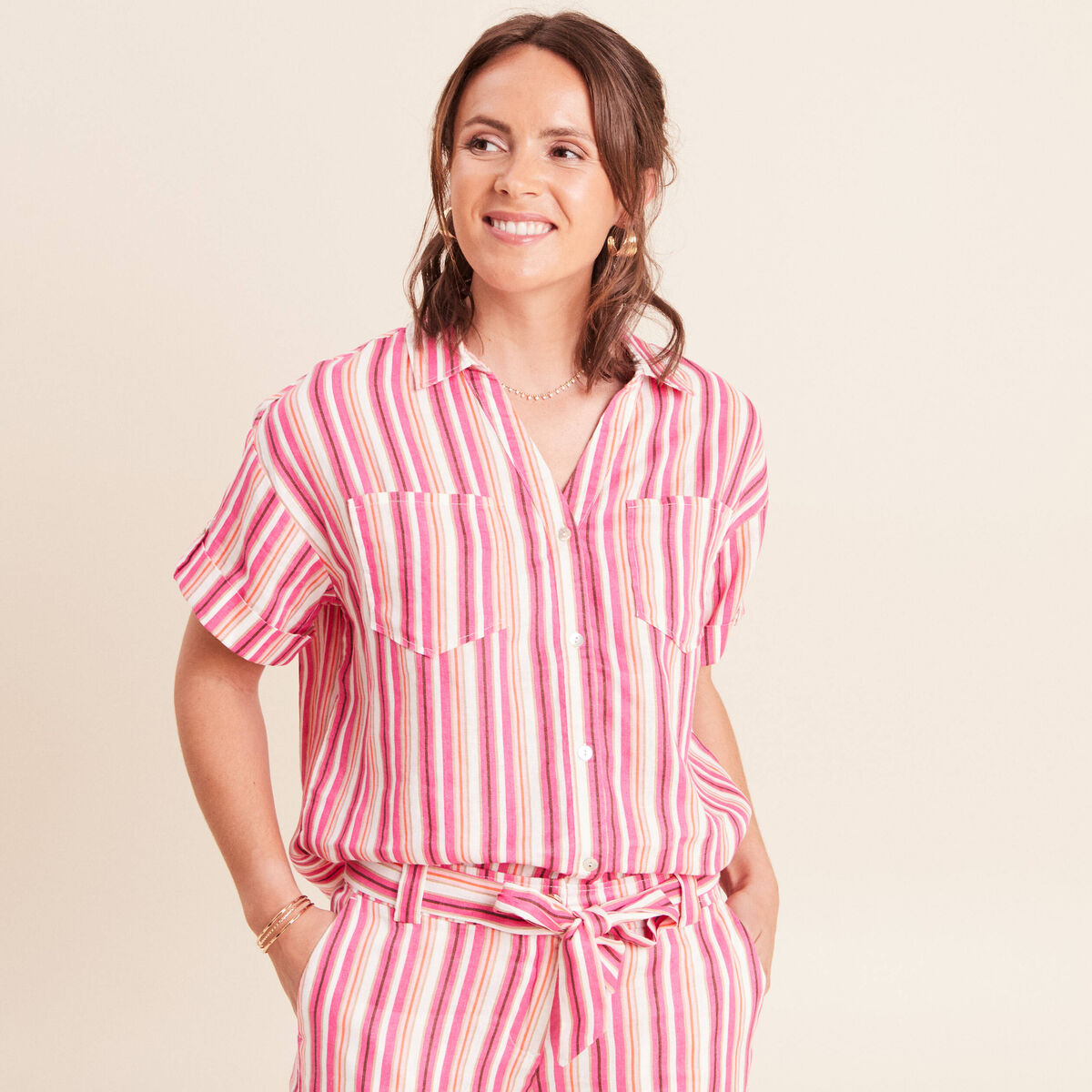 Chemise ample manches courtes aspect lin rose femme