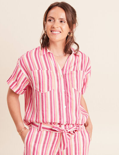 Chemise ample manches courtes aspect lin rose femme