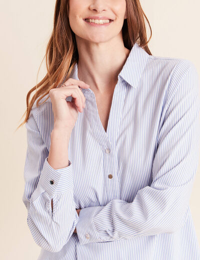Blouse ample col chemise manches longues bleu femme