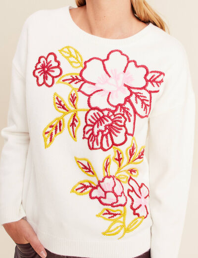 Pull brod&eacute; col rond manches longues rose framboise femme