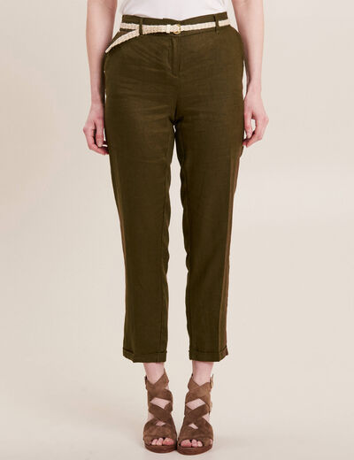 Pantalon flou ceinturé vert olive femme