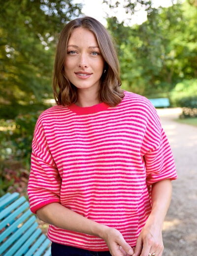 Pull droit col rond manches 3/4 rose femme
