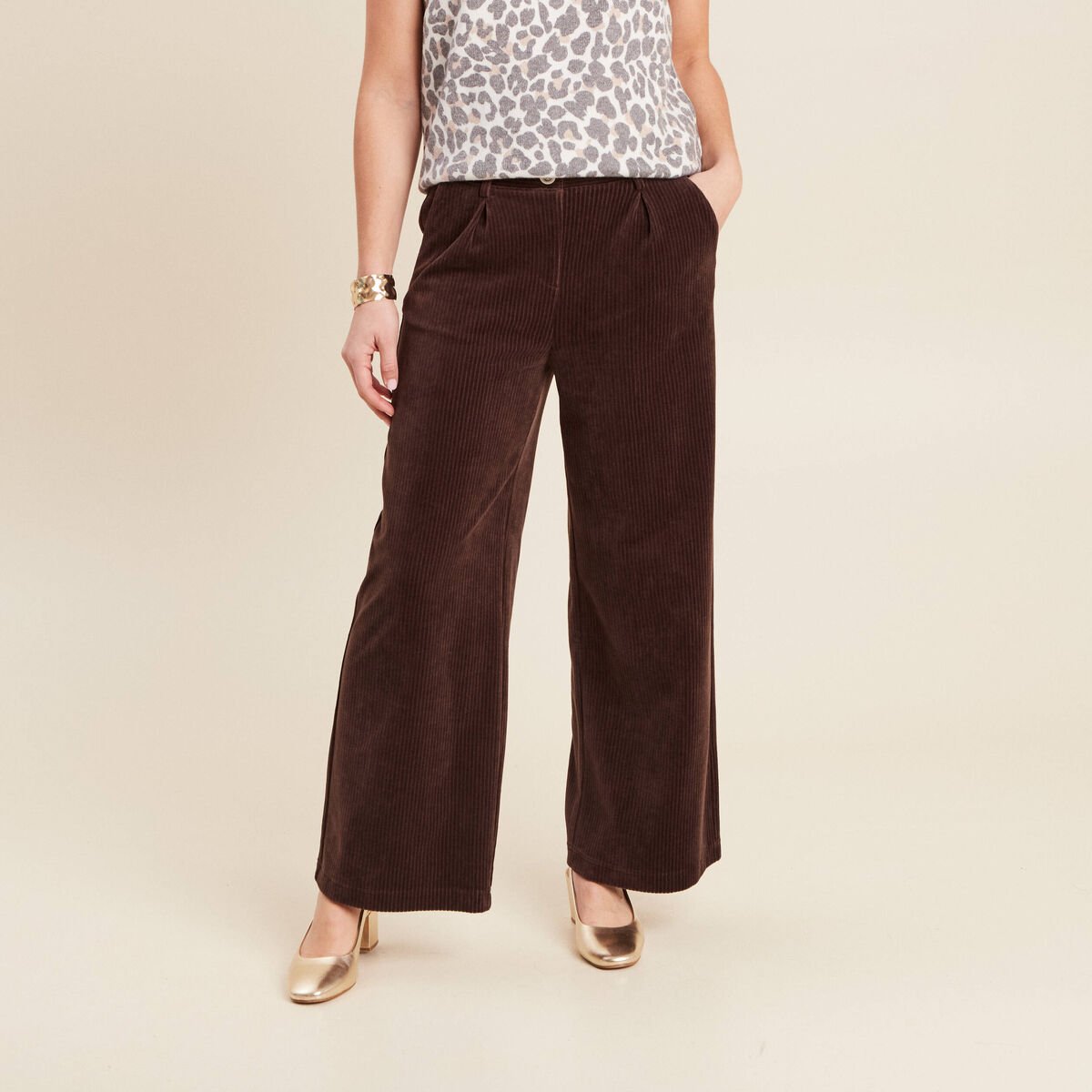 Pantalon large velours marron femme