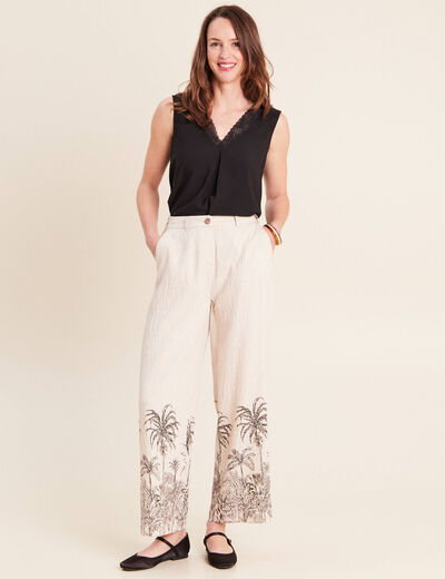 Pantalon large taille haute beige femme
