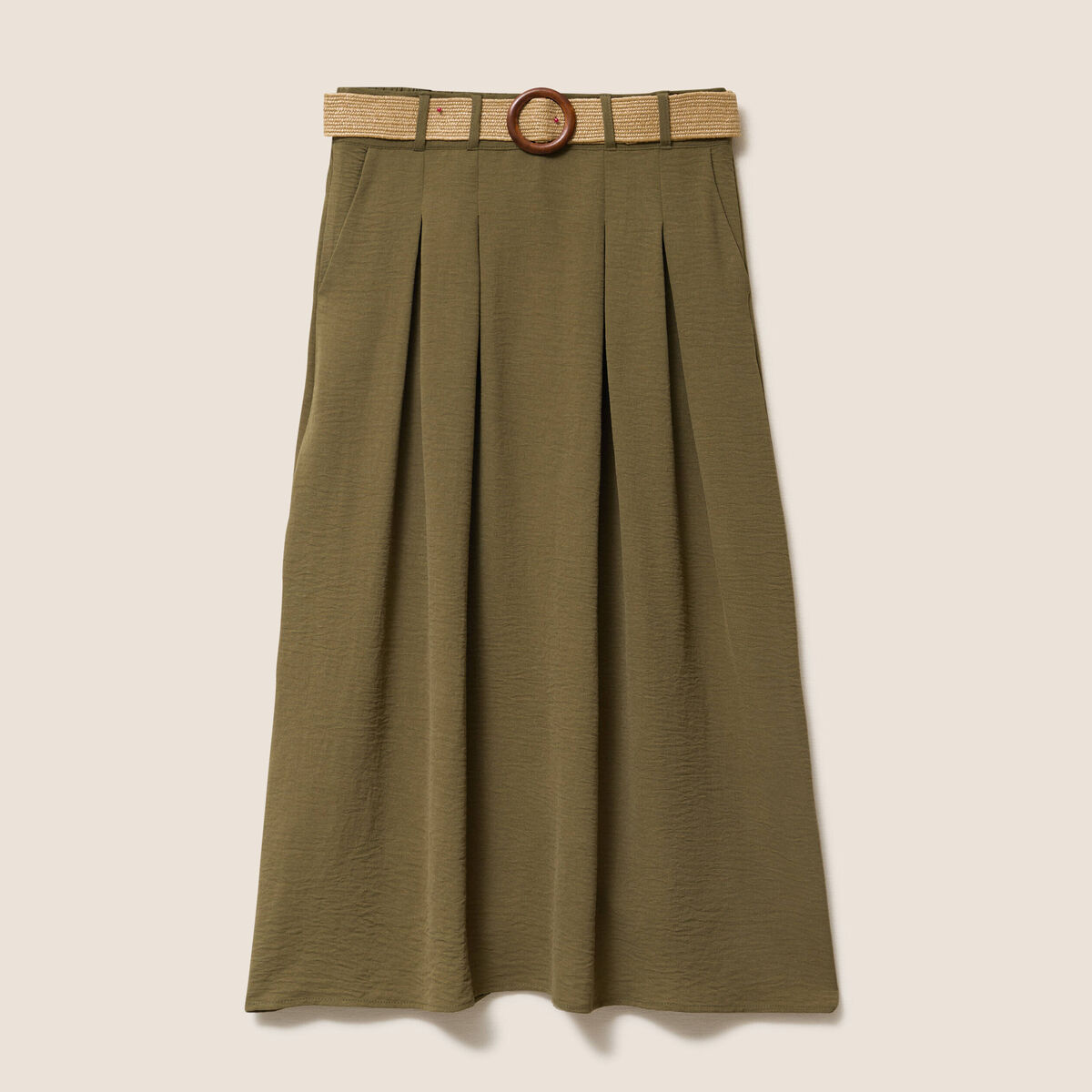 Jupe longue &eacute;vas&eacute;e ceintur&eacute;e vert kaki femme