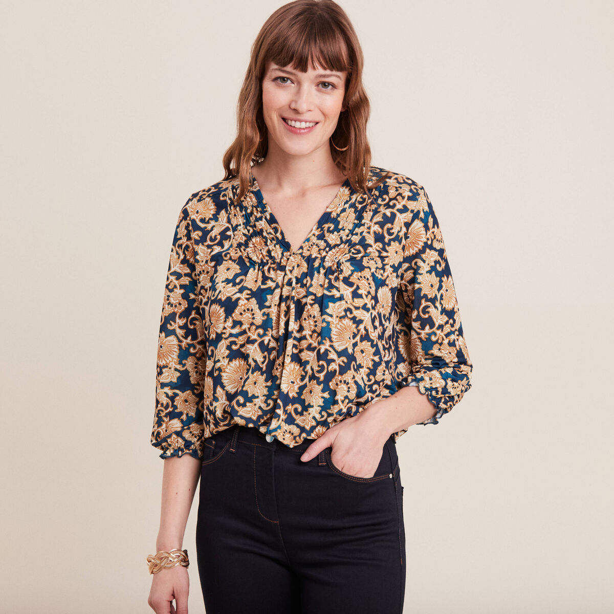 Blouse manches 3/4 col smocké bleu foncé femme