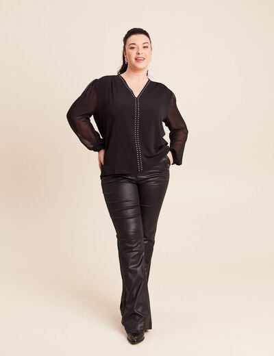 T-shirt col v manches longues noir femme