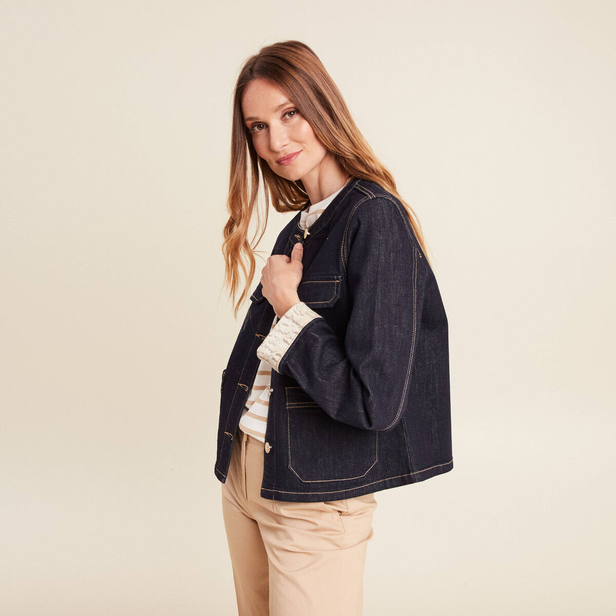 Veste sans col denim brut femme