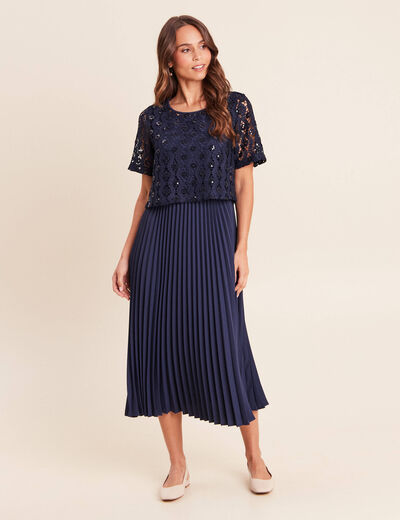 Robe 2 en 1 pliss&eacute;e col rond bleu marine femme