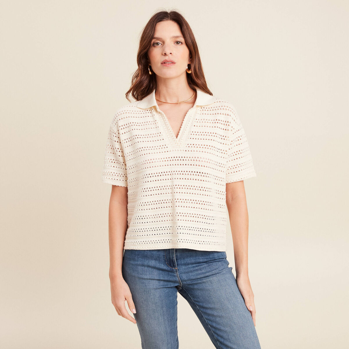 T-shirt ample macramé manches courtes ecru femme