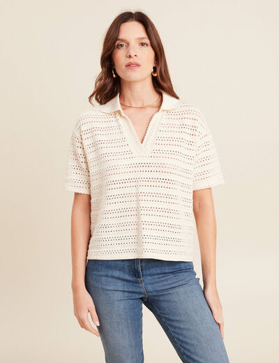 T-shirt ample macramé manches courtes ecru femme