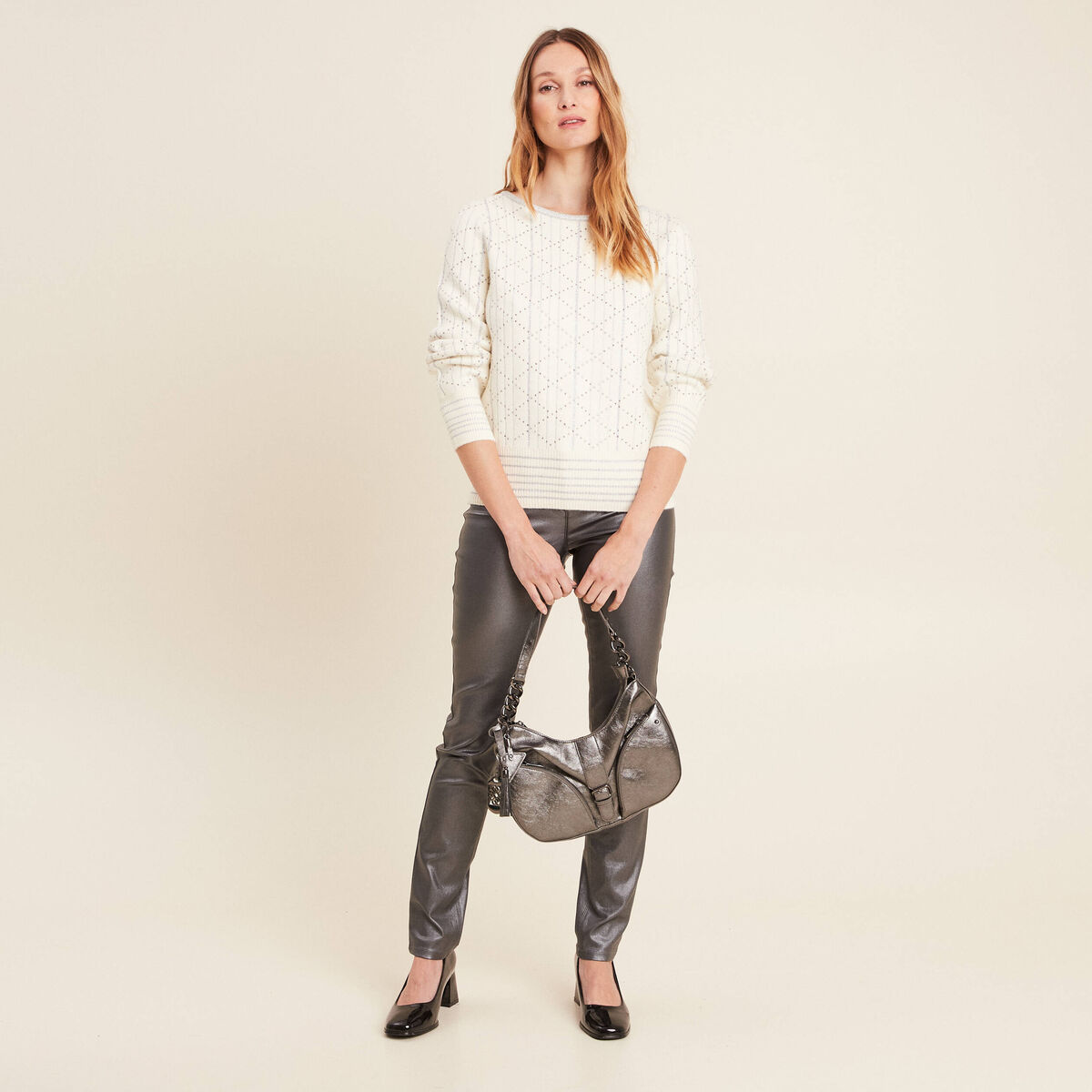 Pantalon ajust&eacute; enduit &agrave; pont couleur argent femme