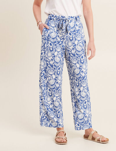 Pantalon ample taille haute bleu femme