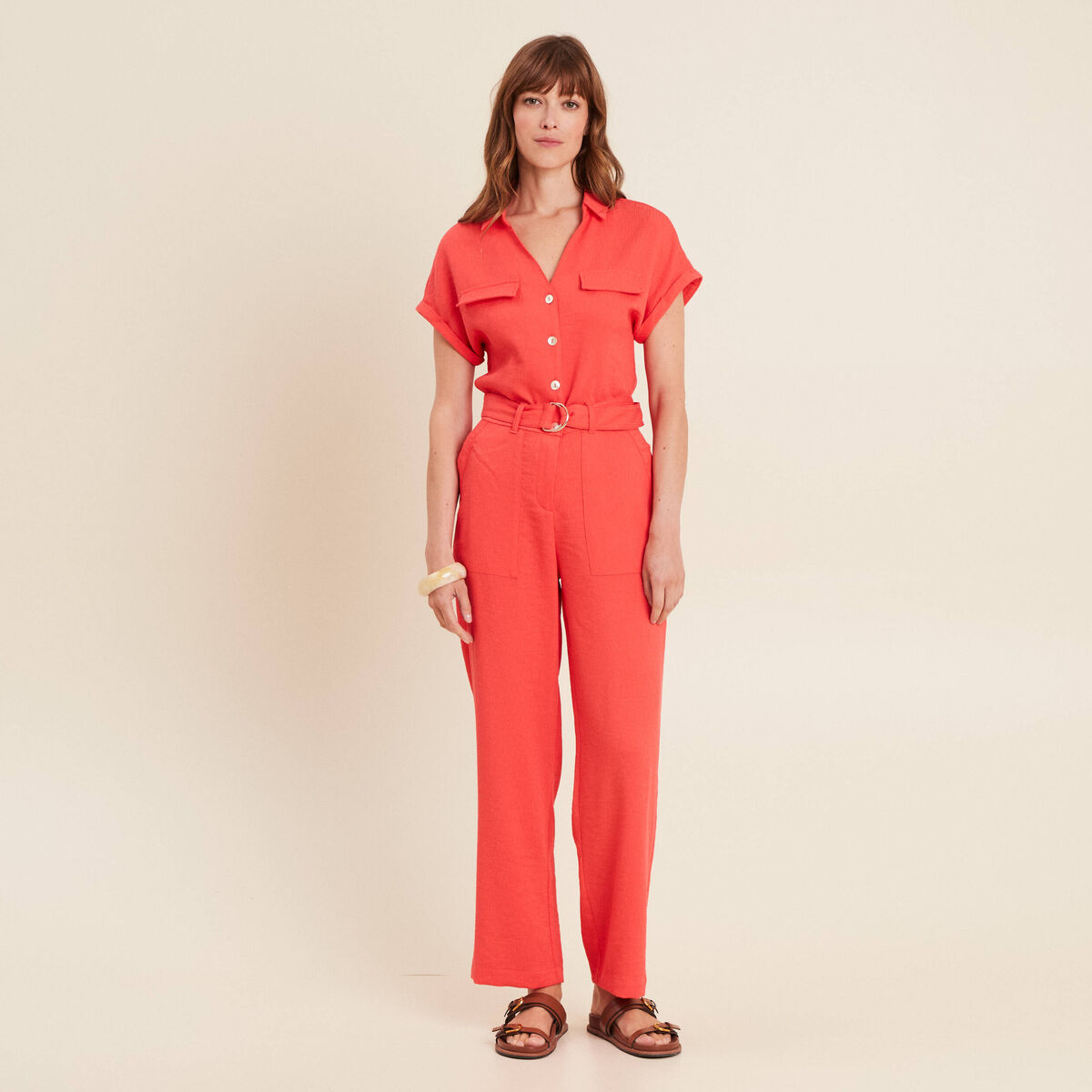 Combinaison fluide boutonn&eacute;e rouge corail femme