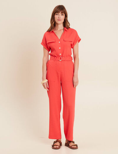 Combinaison fluide boutonnée rouge corail femme