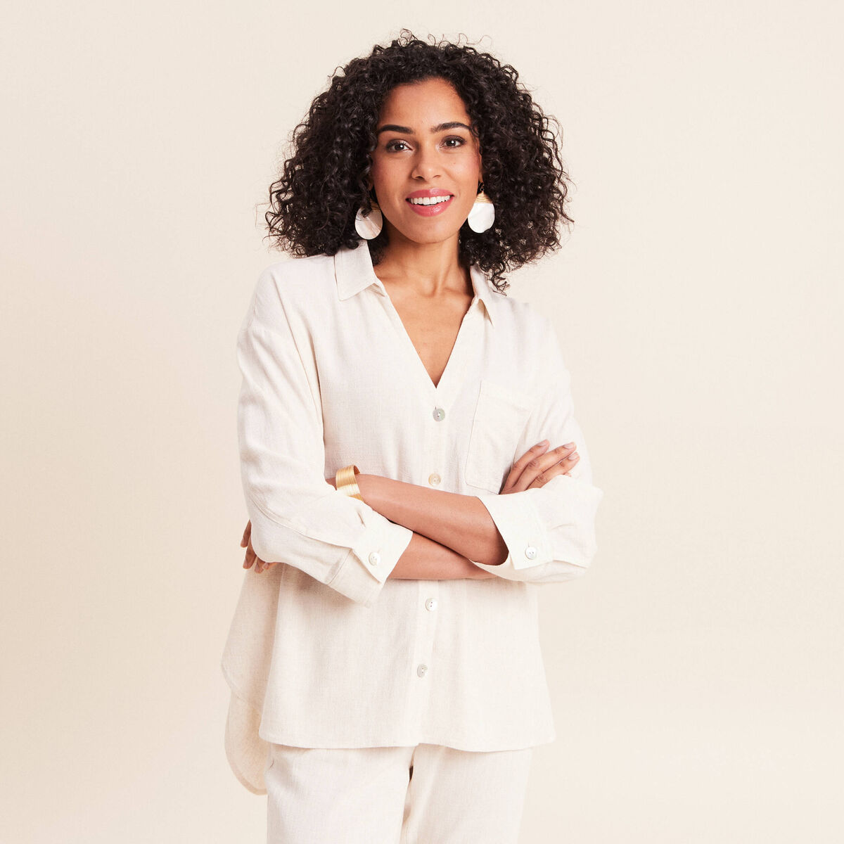 Chemise ample manches 3/4 beige femme