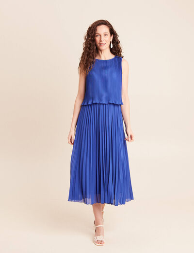 Robe longue &eacute;vas&eacute;e pliss&eacute;e sans manches bleu fonc&eacute; femme