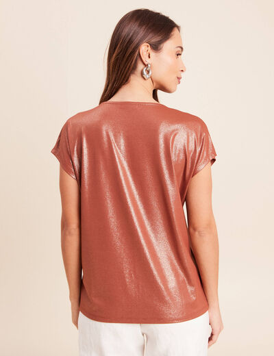 T-shirt col V manches courtes marron fonc&eacute; femme