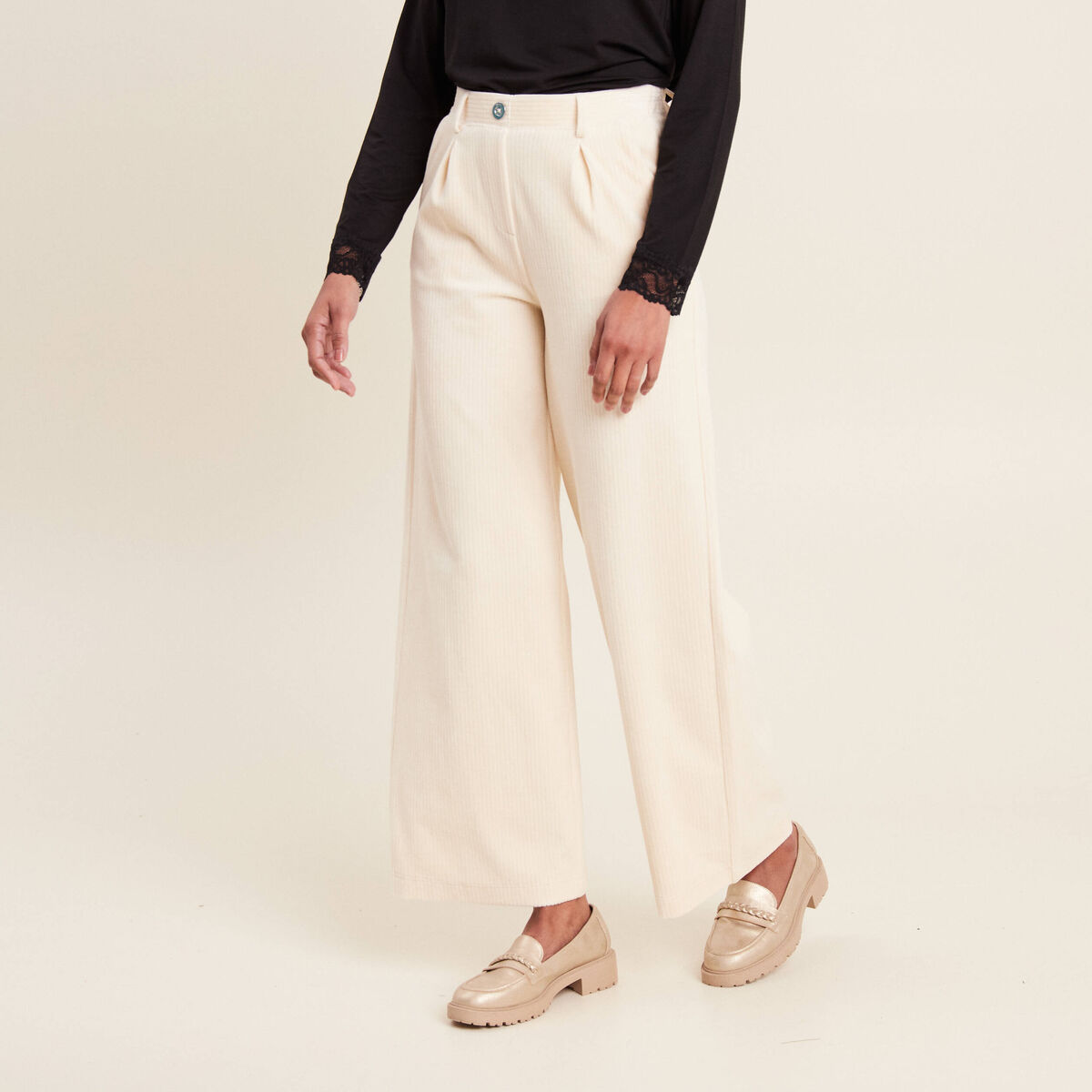 Pantalon large velours ivoire femme