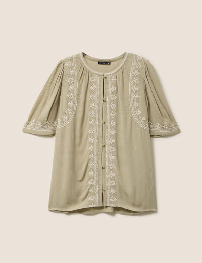 Chemise crêpe broderie col rond vert kaki femme