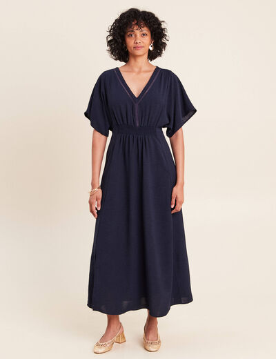 Robe longue &eacute;vas&eacute;e col v manches coudes bleu marine femme