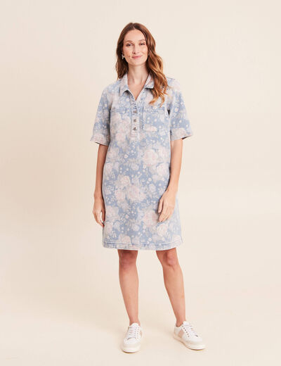 Robe droite courte en jean col chemise rose femme