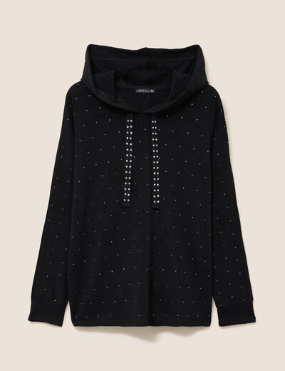 Sweat &agrave; capuche manches longues strass noir femme