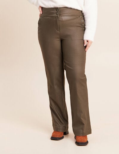 Pantalon bootcut enduit taille haute vert kaki femme