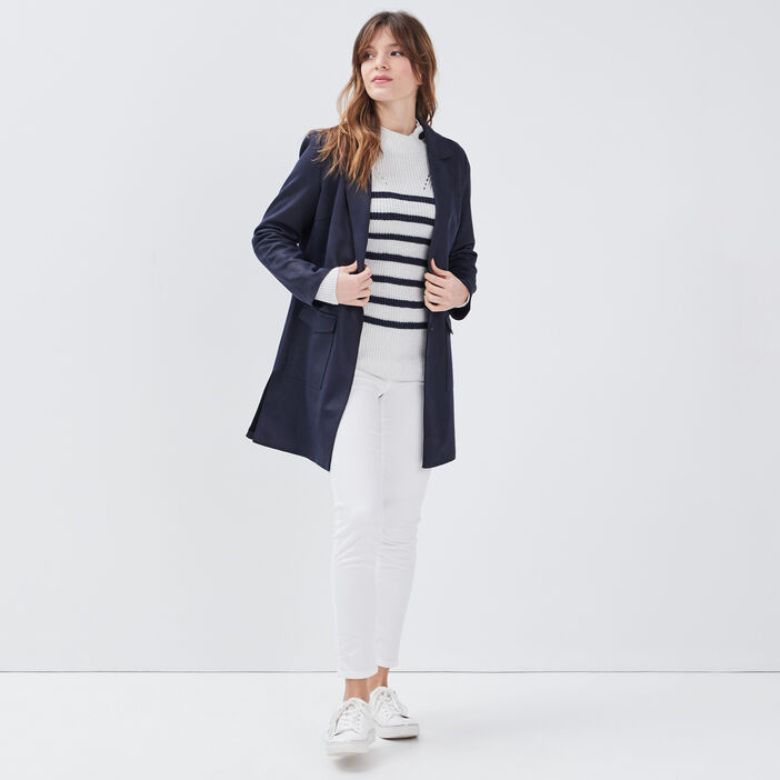 Manteau droit boutonné bleu foncé femme
