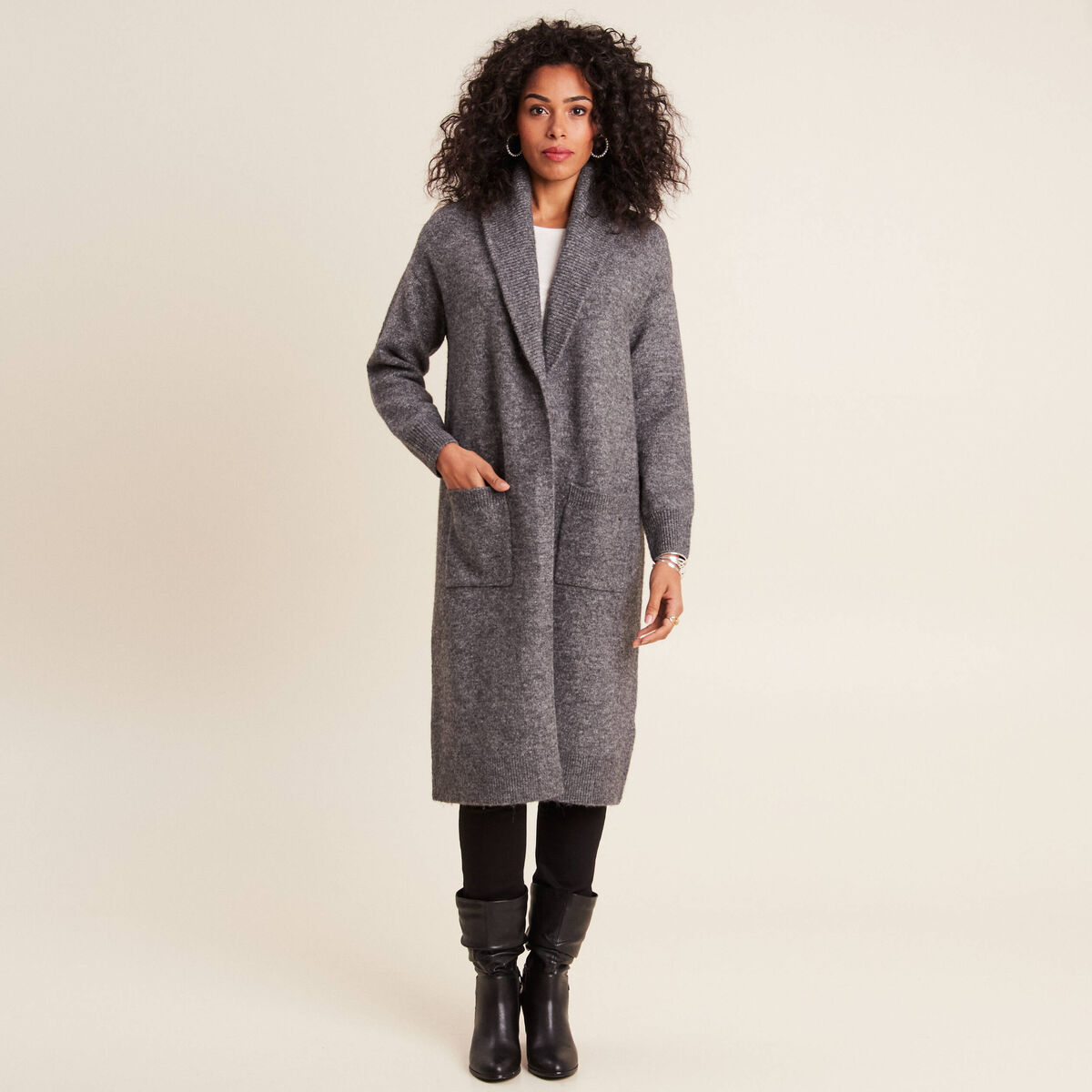 Gilet long manches longues gris foncé femme