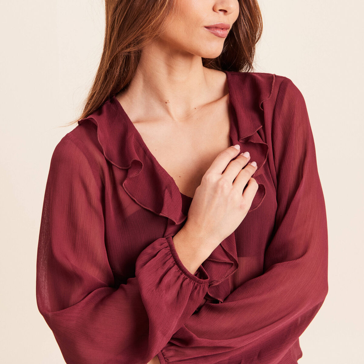 Blouse ample en voile manches longues prune femme