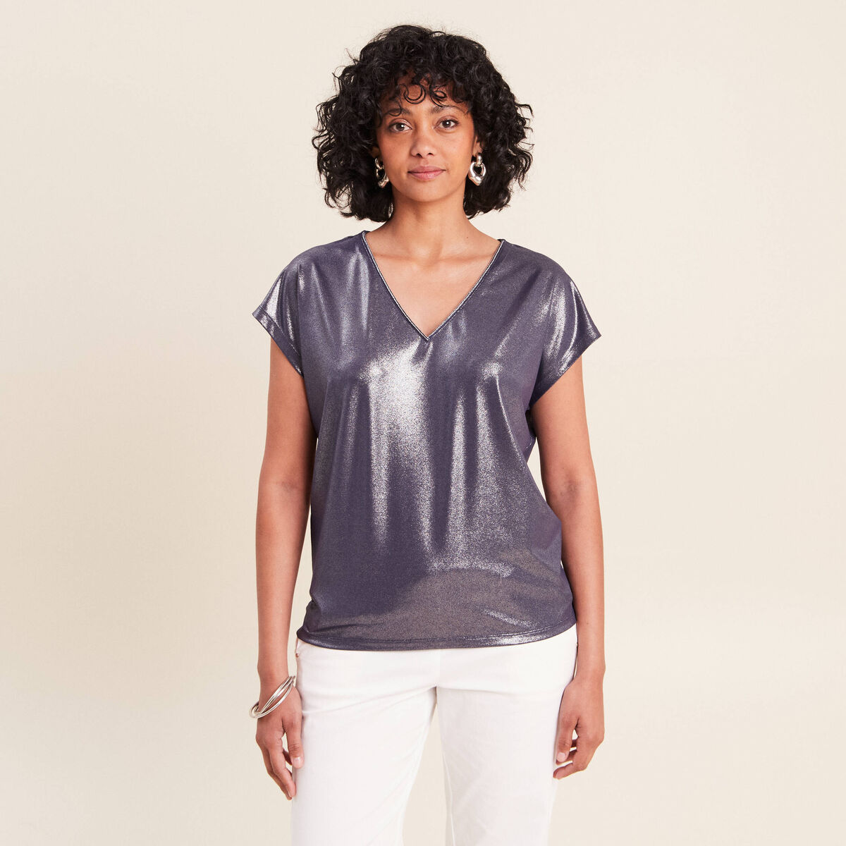 T-shirt col V manches courtes bleu marine femme