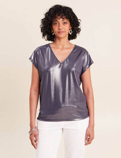 T-shirt col V manches courtes bleu marine femme