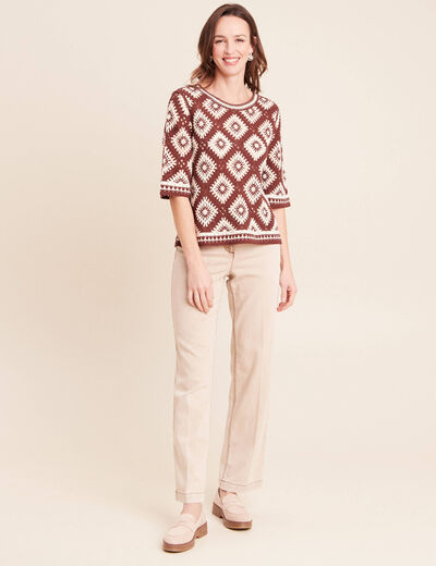 Pull en crochet col rond manches courtes marron femme